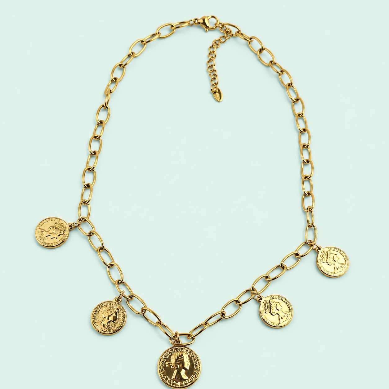 Gold necklace with five coins